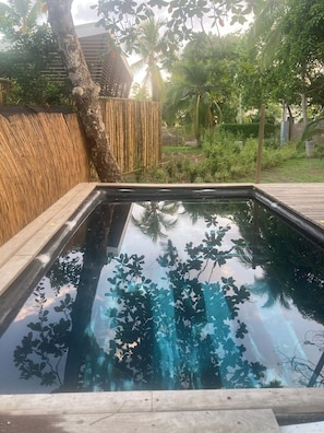 A rectangular pool with clear water reflecting surrounding trees and a bamboo fence.