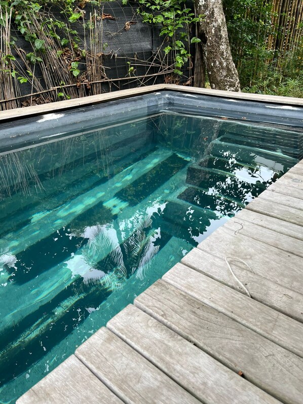 A clear swimming pool with a wooden deck edge.