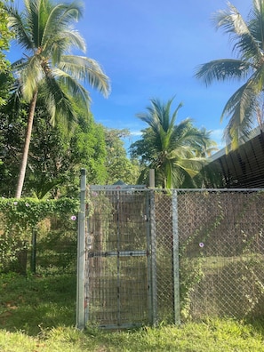 A fenced area with a metal gate, surrounded by lush greenery and palm trees. - Luxury safari tent with plunge pool, steps to Playa Matapalo (Savegre de Aguirre)