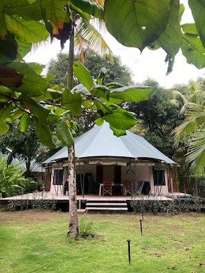 A circular building with a covered porch, surrounded by lush greenery and palm trees.