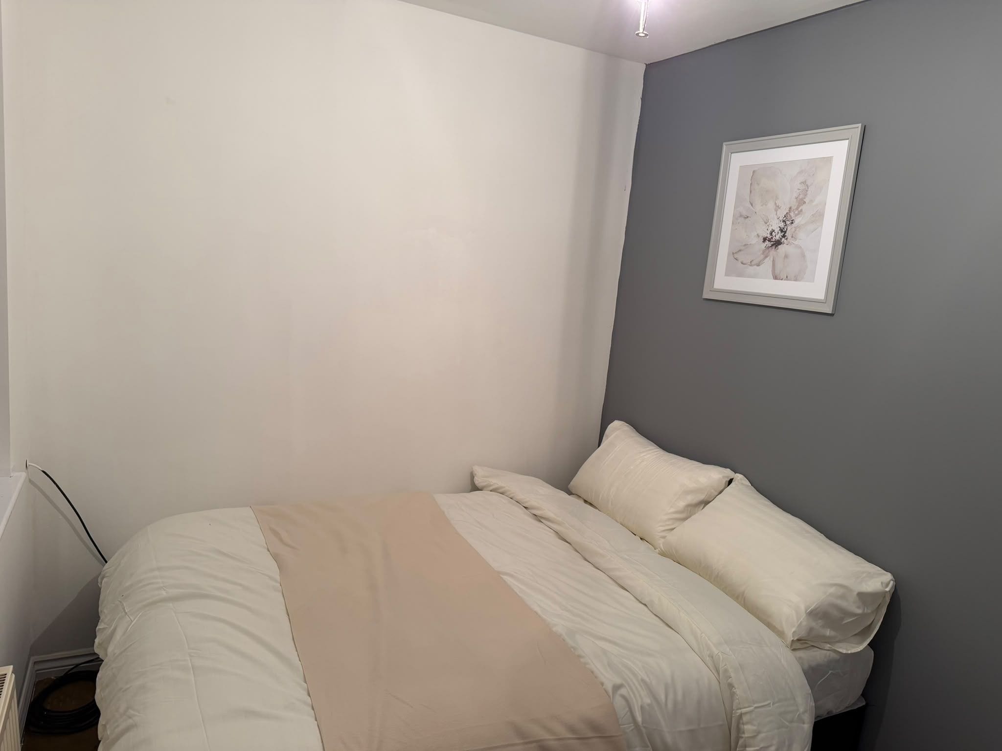 A bedroom with a bed, a wall-mounted picture, and a radiator.