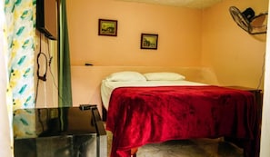 A room with a bed, a desk, and two wall-mounted pictures.