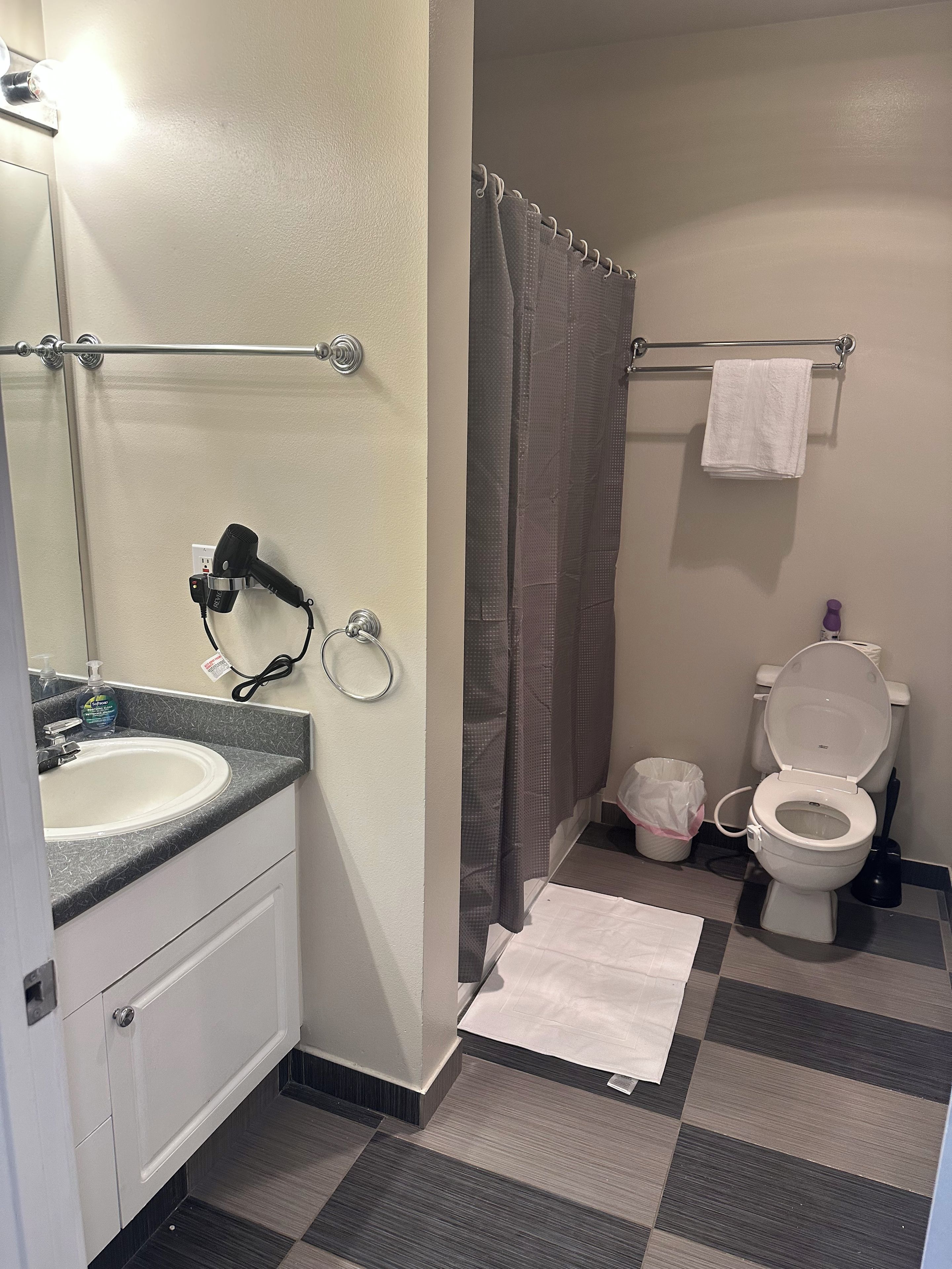 Ein Badezimmer mit Waschbecken, Spiegel, Handtuchhalter, Duschvorhang, Toilette und einem kleinen Mülleimer.