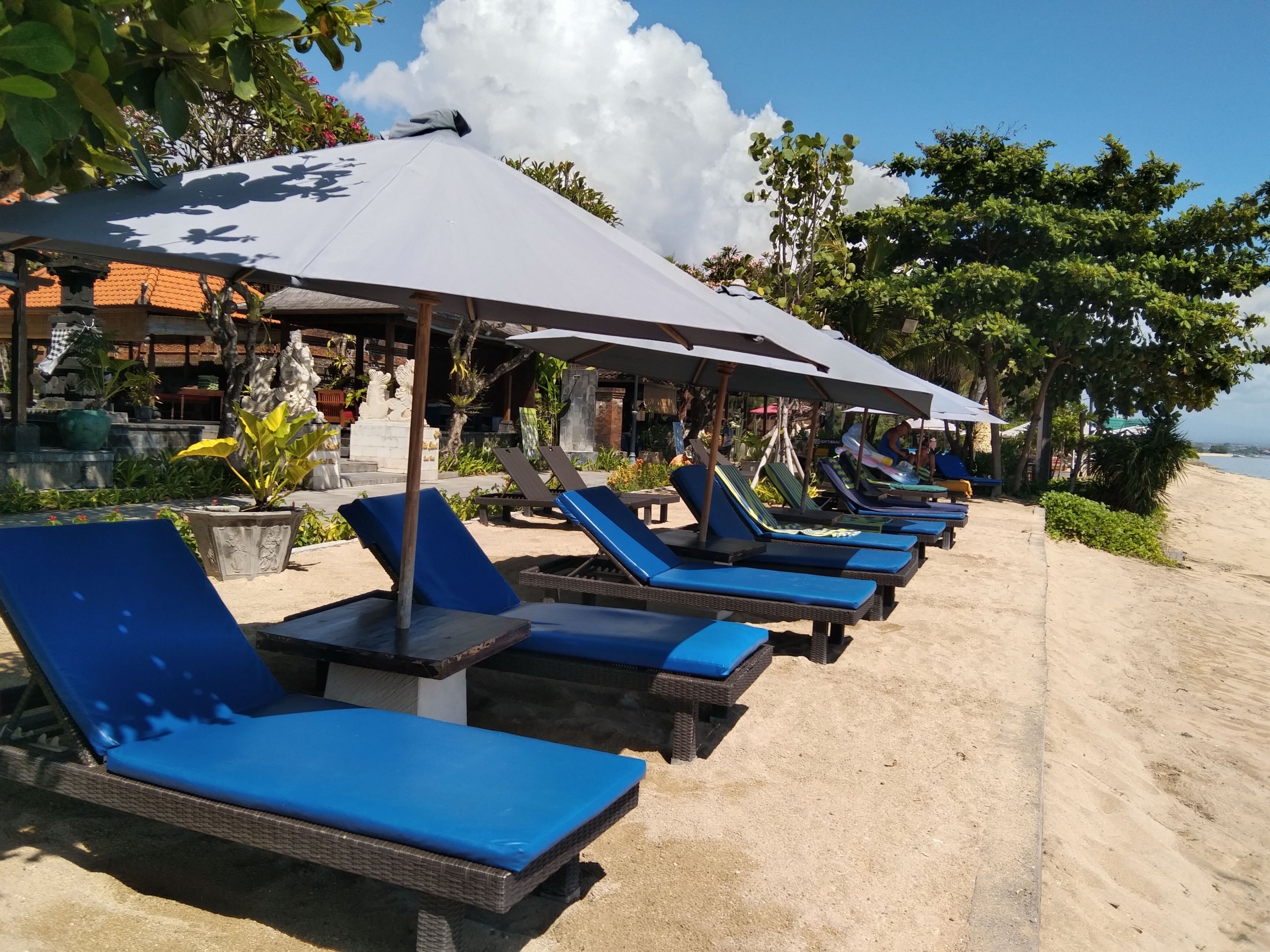Una fila de tumbonas con cojines azules bajo sombrillas, una playa de arena y vegetación tropical.