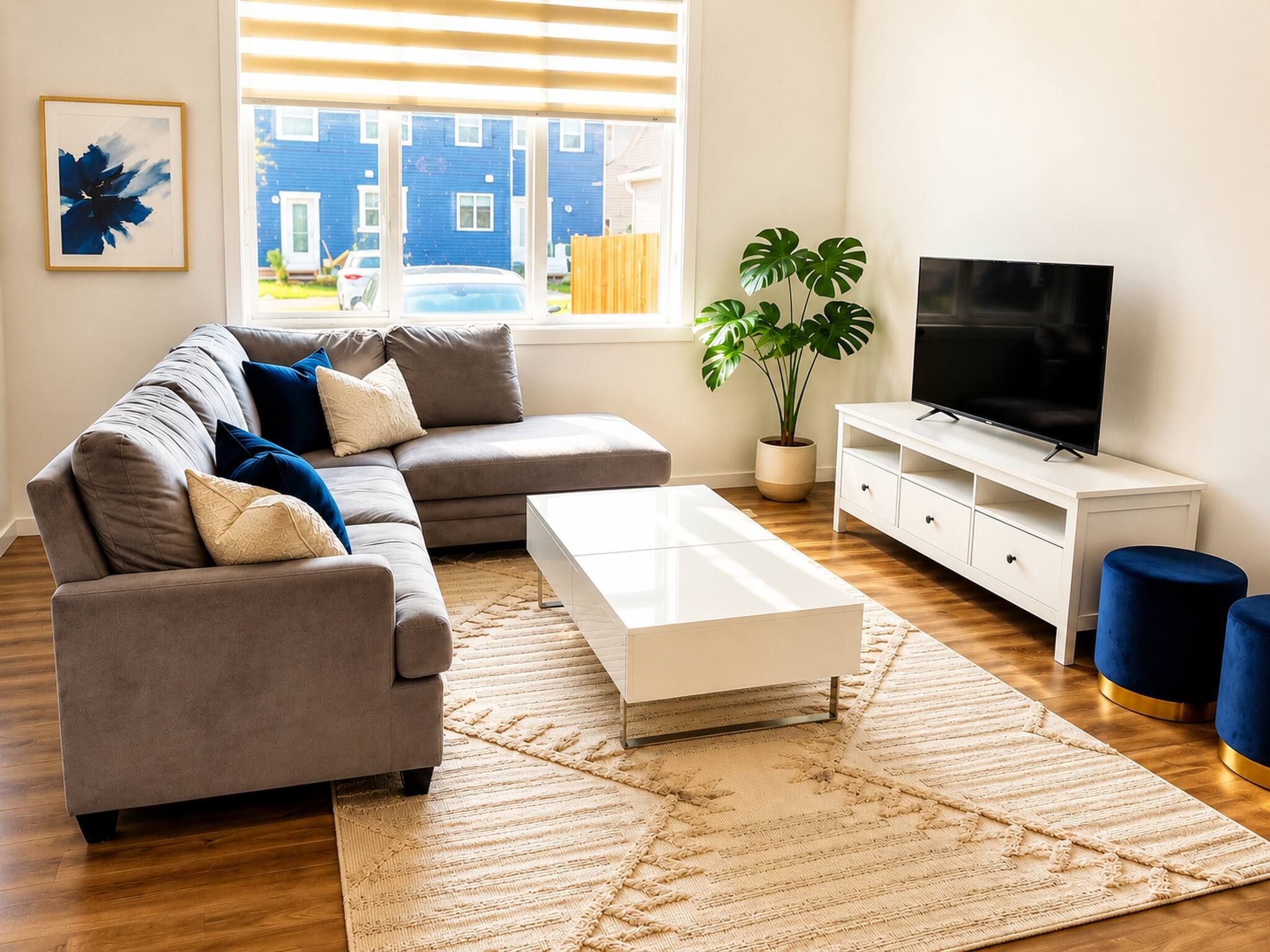 A modern living room with a grey sectional sofa, a white coffee table, a TV on a white stand, a potted plant, and a view of the outside.