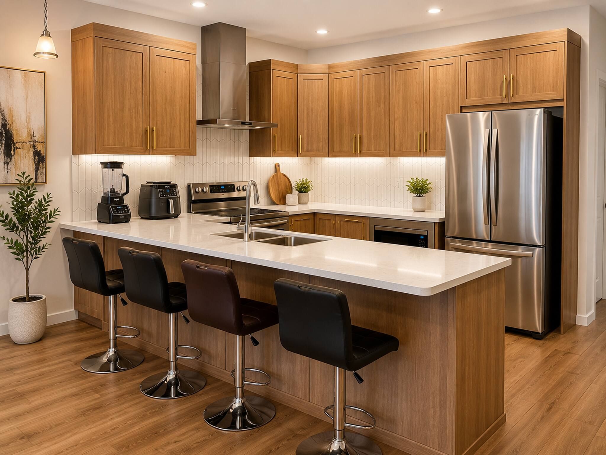 A modern kitchen with wooden cabinets, stainless steel appliances, a central island with bar stools, and a potted plant.