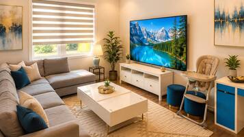 A modern living room with a sofa, coffee table, TV, and a dining area with a high chair.
