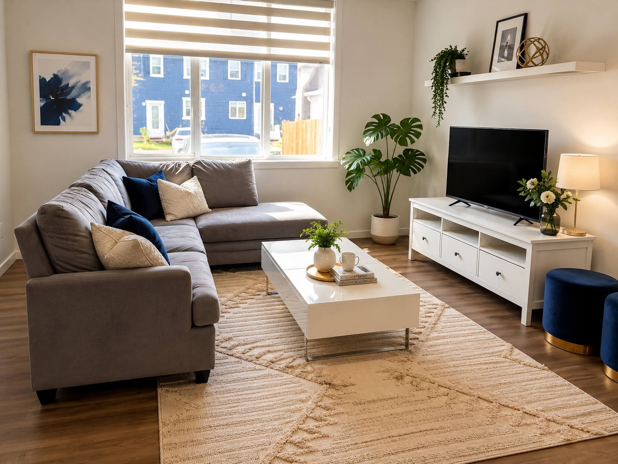 Un soggiorno moderno con un divano angolare grigio, un tavolino da caffè bianco, una TV a schermo piatto su un mobile bianco e un'ampia finestra con persiane.