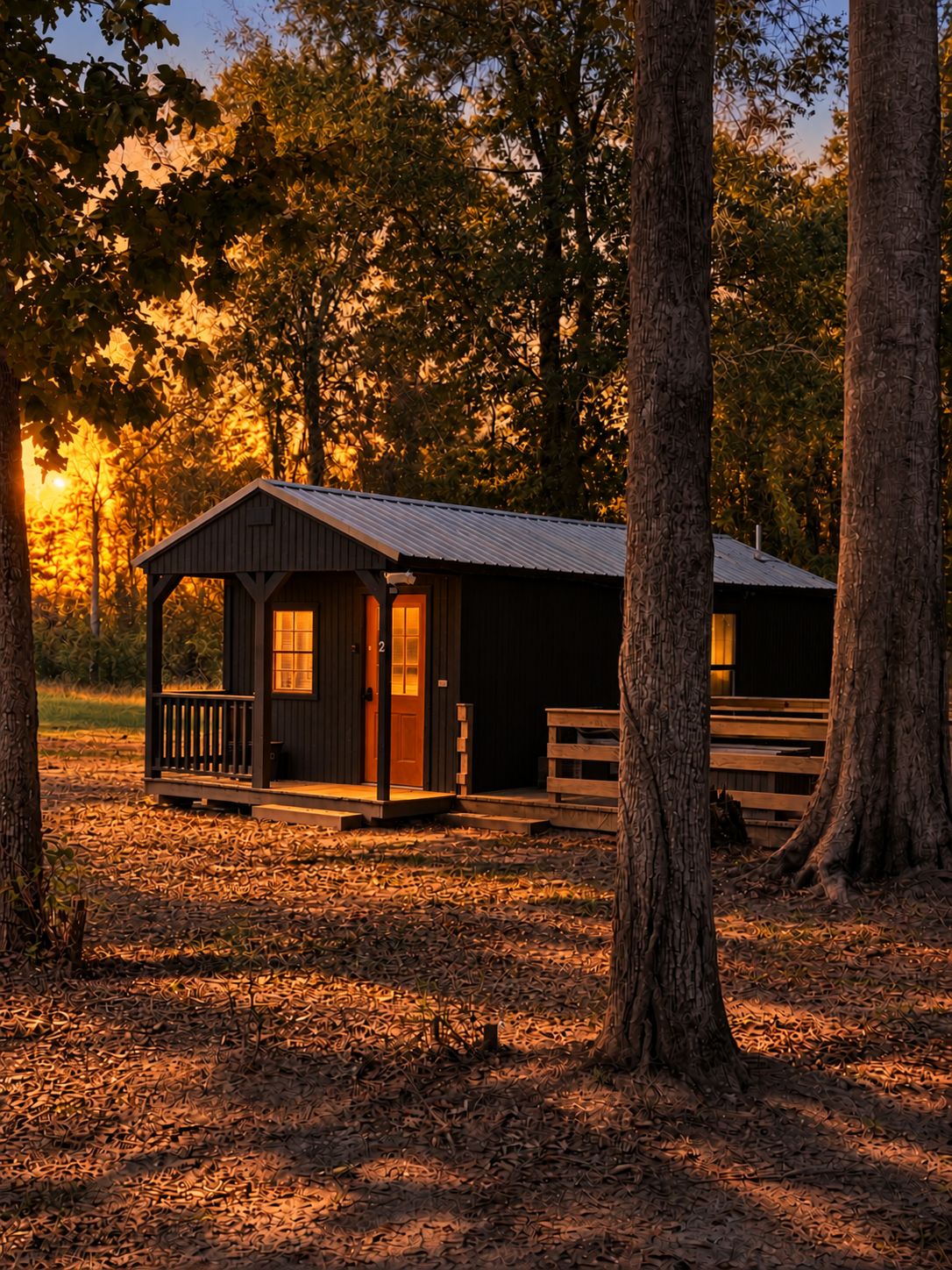 A rustic cabin with a porch, surrounded by trees.