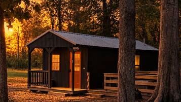 A rustic cabin with a porch, surrounded by trees.