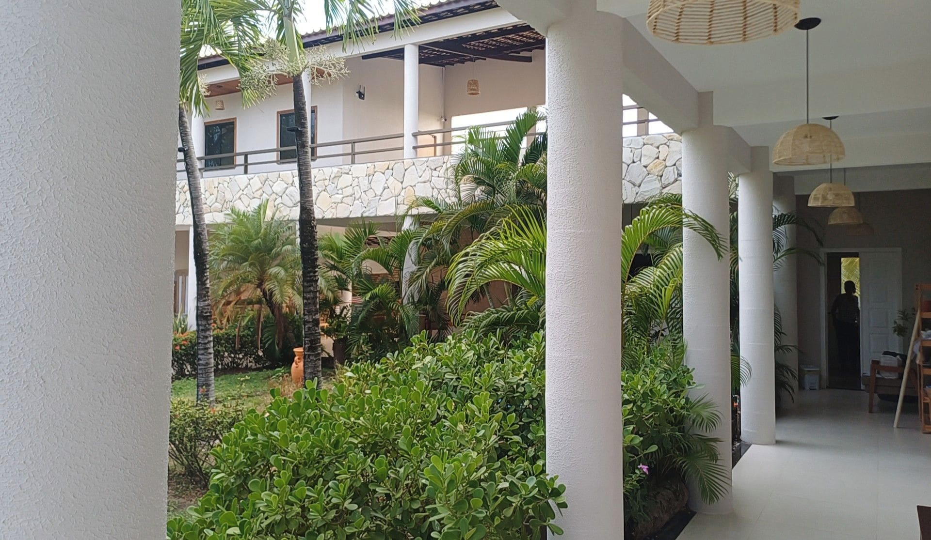Uma área externa coberta com parede de pedra, palmeiras e um deck de madeira.