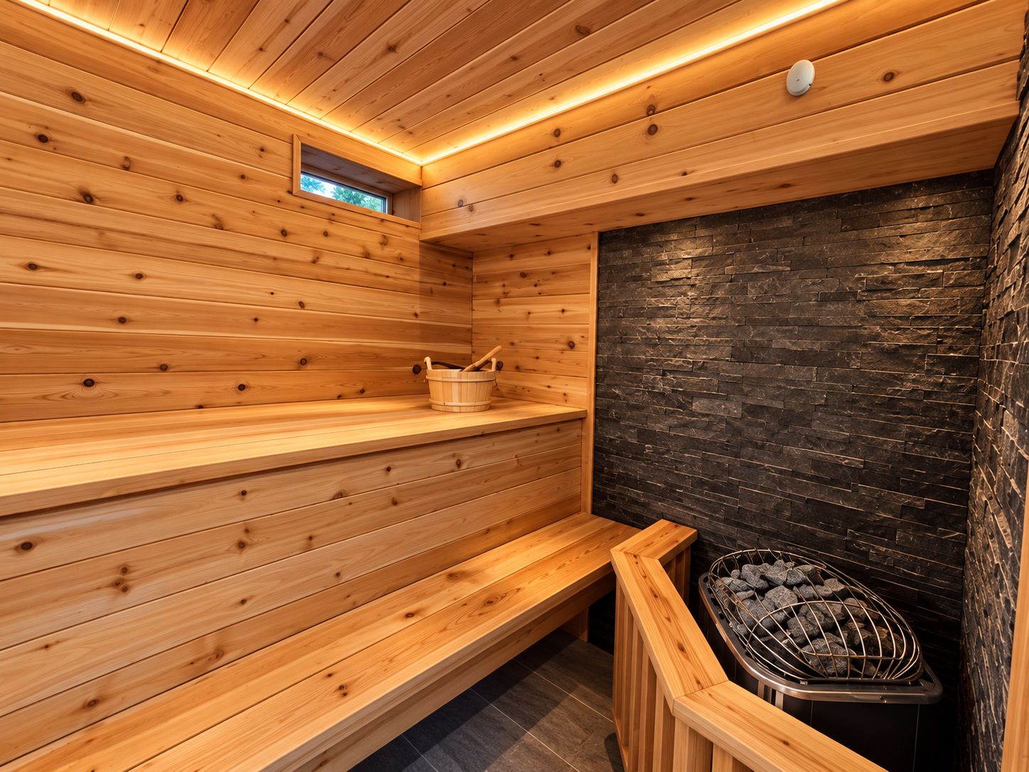 Una sauna con paredes de madera, una pared de piedra y un banco.