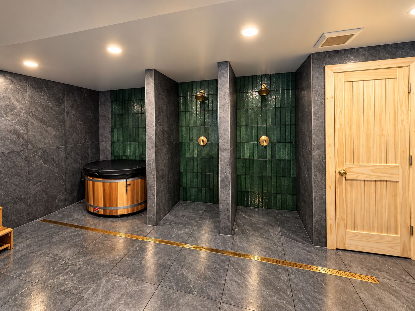 A spa room with a sauna, a wooden door, and green-tiled walls.