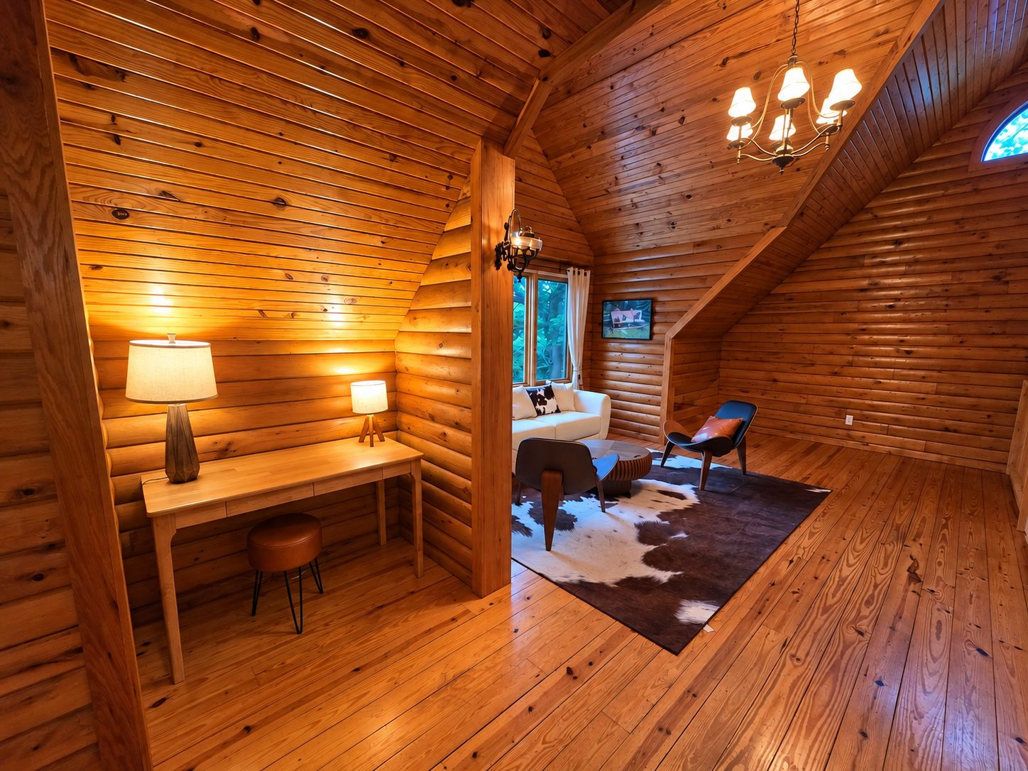 A log cabin interior with a wooden desk, a sofa, a cowhide rug, and a chandelier.