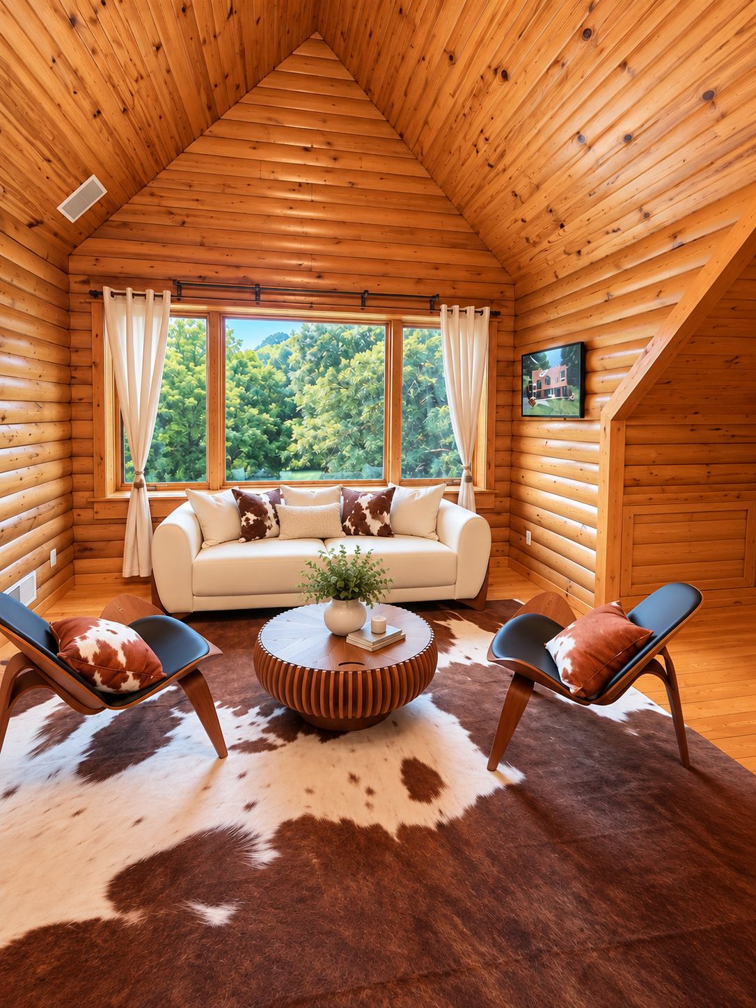 Interior de una cabaña de troncos con techo alto, un sofá, dos sillones, una mesa redonda de centro y un tapete de cuero de vaca.