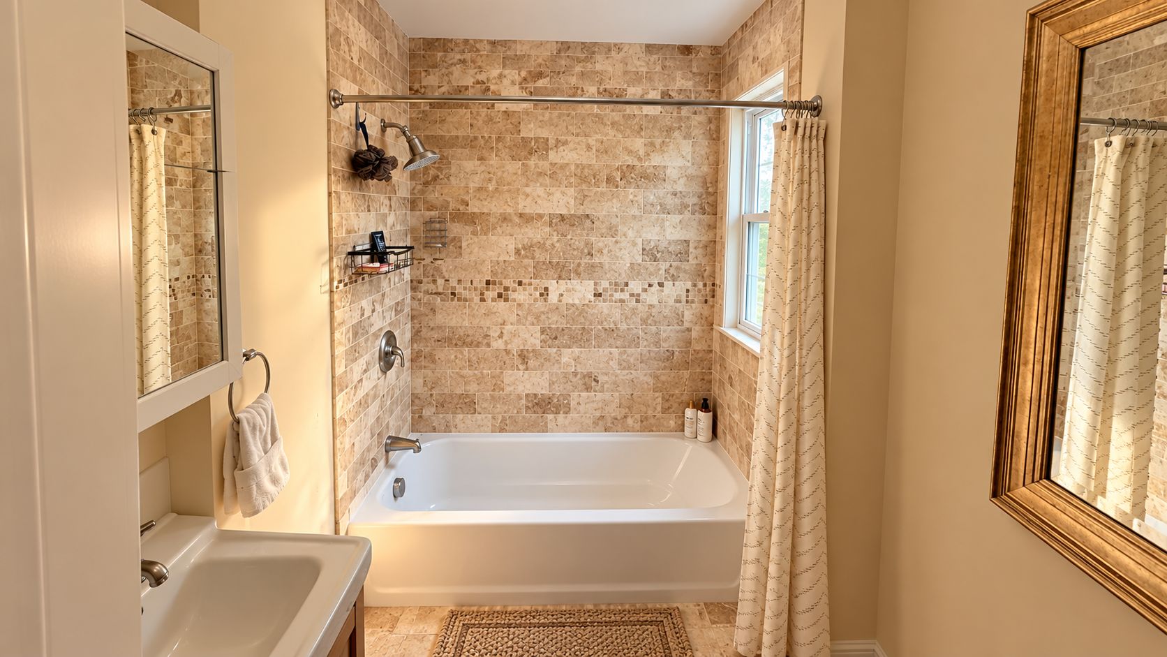 Un baño con bañera, ducha y ventana.