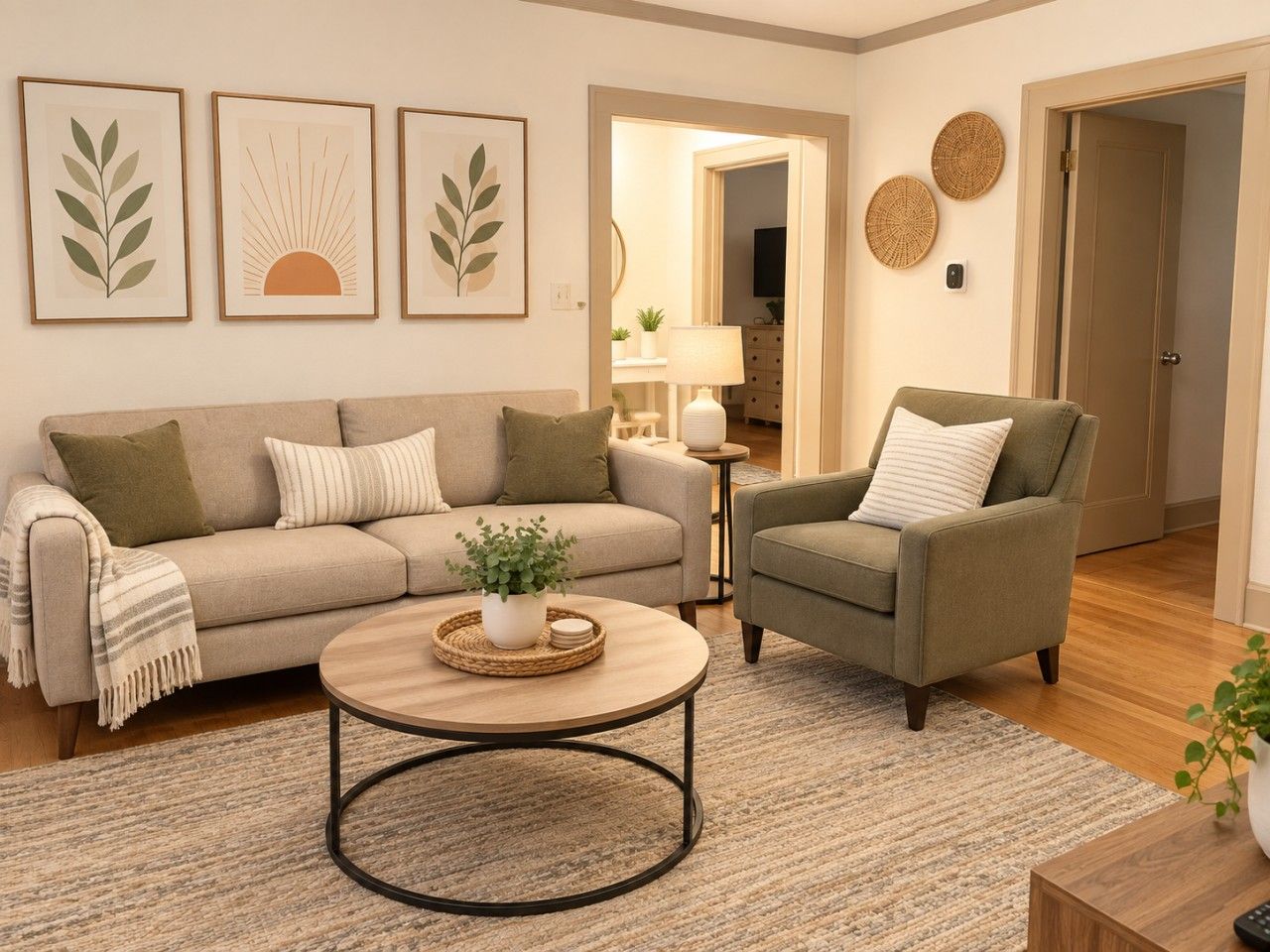 Un salon comprenant un canapé, un fauteuil, une table basse et des éléments décoratifs muraux.