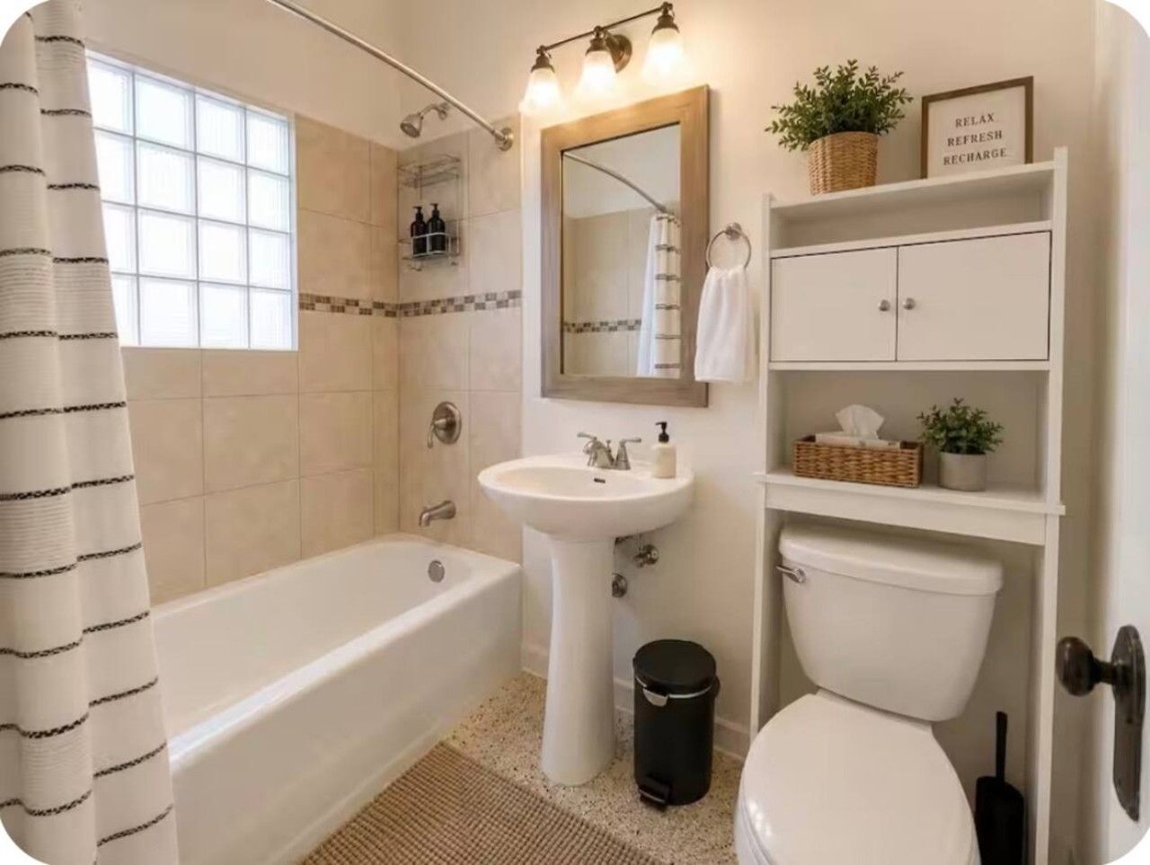 Une salle de bain avec une baignoire, un lavabo, des toilettes et un miroir. Il y a une fenêtre avec un rideau, une étagère avec des articles de toilette et une poubelle.
