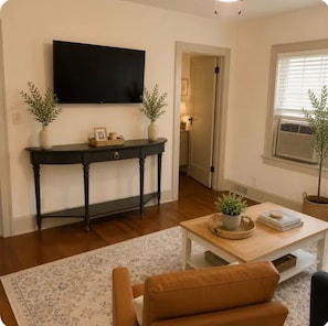 A living room with a dark wooden console table, a flat-screen TV mounted above it, a brown leather sofa, a coffee table with decorative items, and a patterned rug. - Modern Rockford Apartment (Rockford)