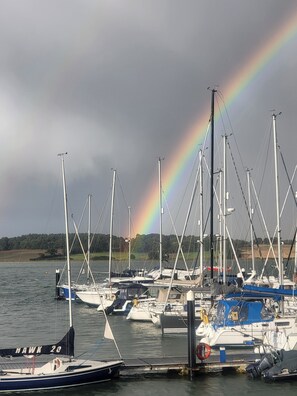 A marina with multiple sailboats docked, a visible rainbow, and a grassy landscape in the background.