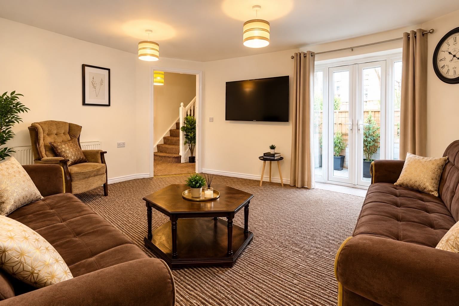 Een woonkamer met een zithoek, een salontafel, een televisie en een trap naar een balkon.