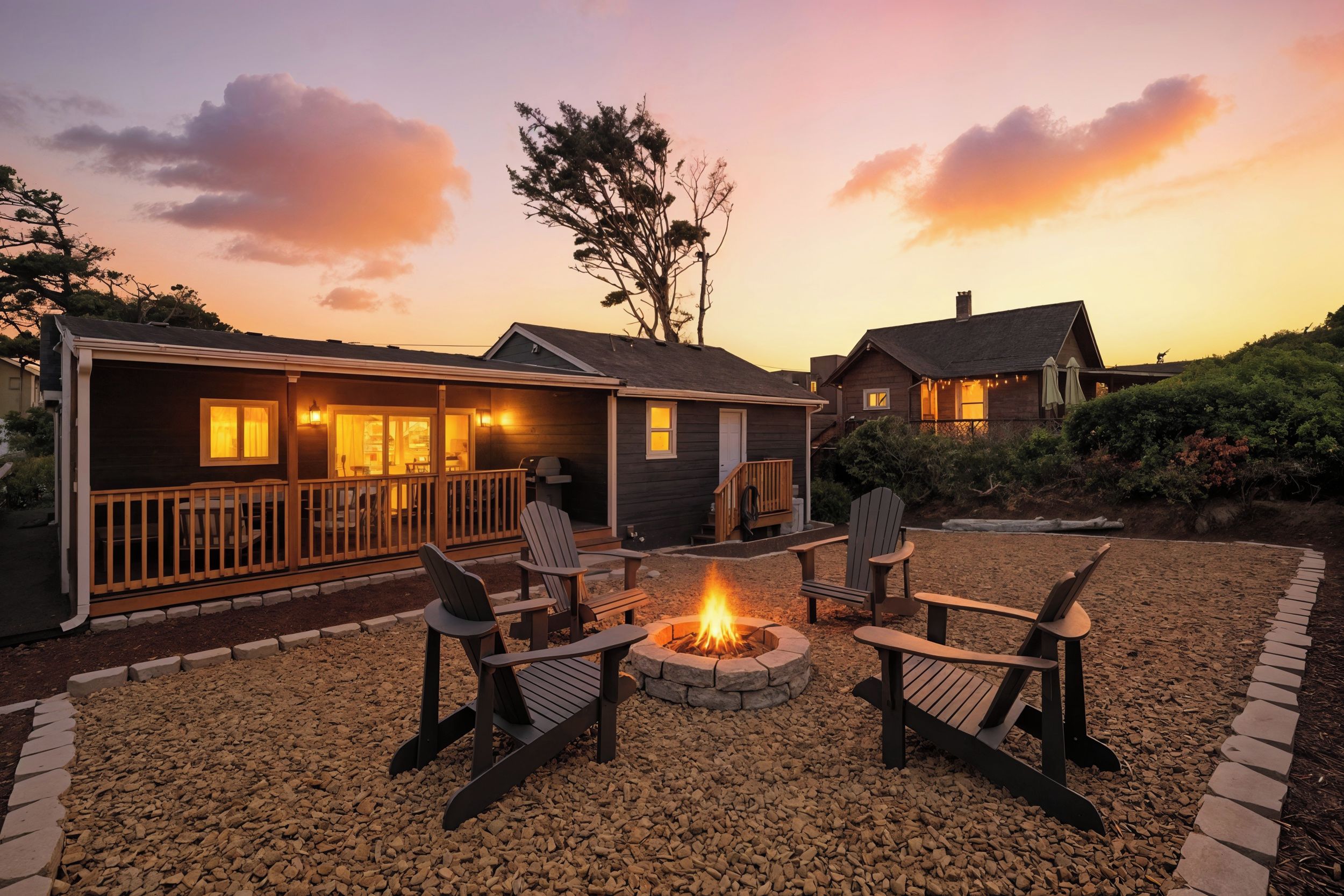 A cozy outdoor seating area with a fire pit surrounded by Adirondack chairs, a wooden deck, and a stone pathway.
