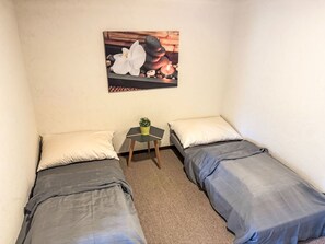 A small, single-room accommodation with two single beds, a small table with a plant, and a wall-mounted picture. - Mountain View Lodge by Interhome (Sörenberg)
