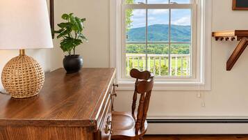 A wooden dining table with a lamp and a potted plant, a wooden chair, and a window with a view of a mountain.