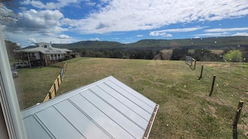 Vista desde una ventana sobre un campo cubierto de hierba, con una estructura de techo metálico en primer plano.
