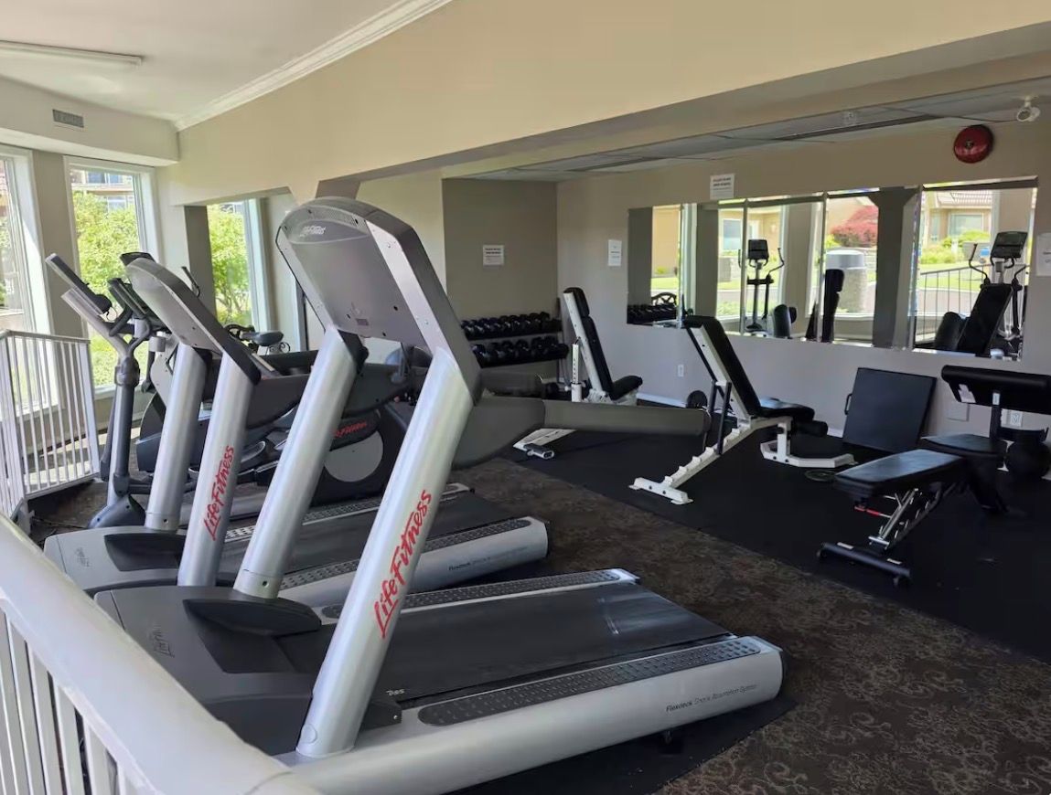 A gym with treadmills, dumbbells, and exercise equipment.