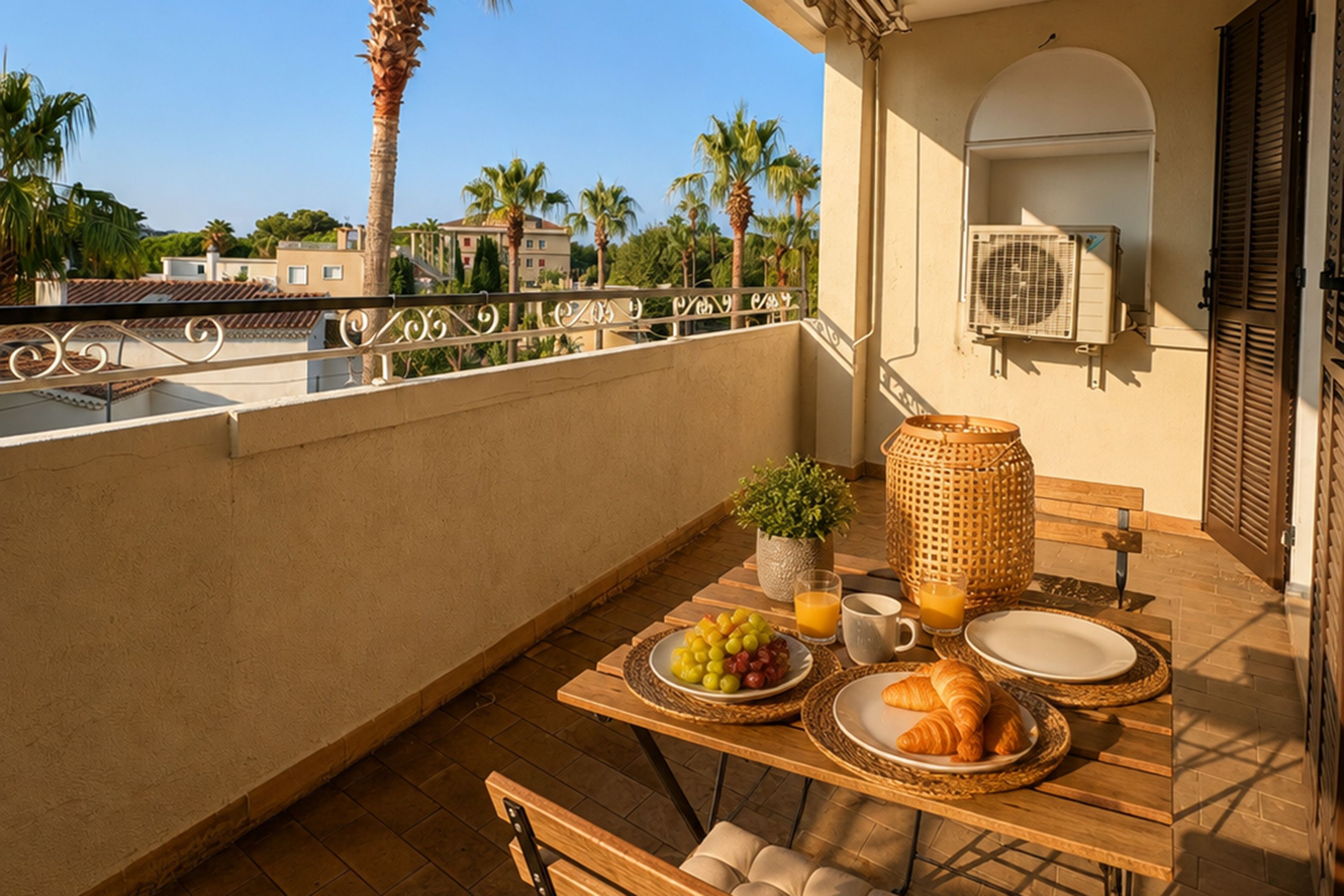 Un coin petit-déjeuner aménagé sur un balcon, avec une table, des chaises et une vue sur les palmiers et les bâtiments.