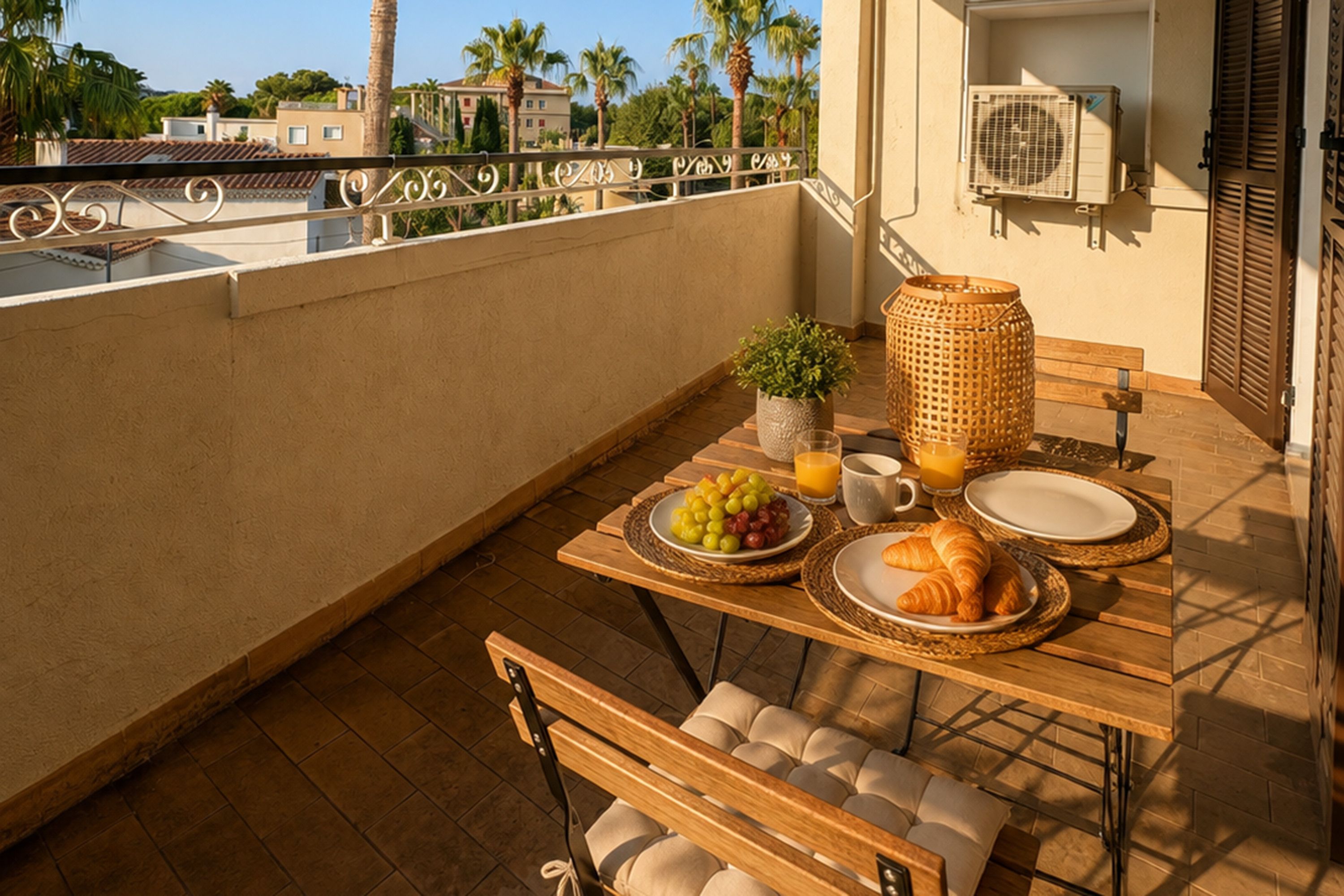 A breakfast setup on a balcony with a table, chairs, and a view of palm trees and buildings.
