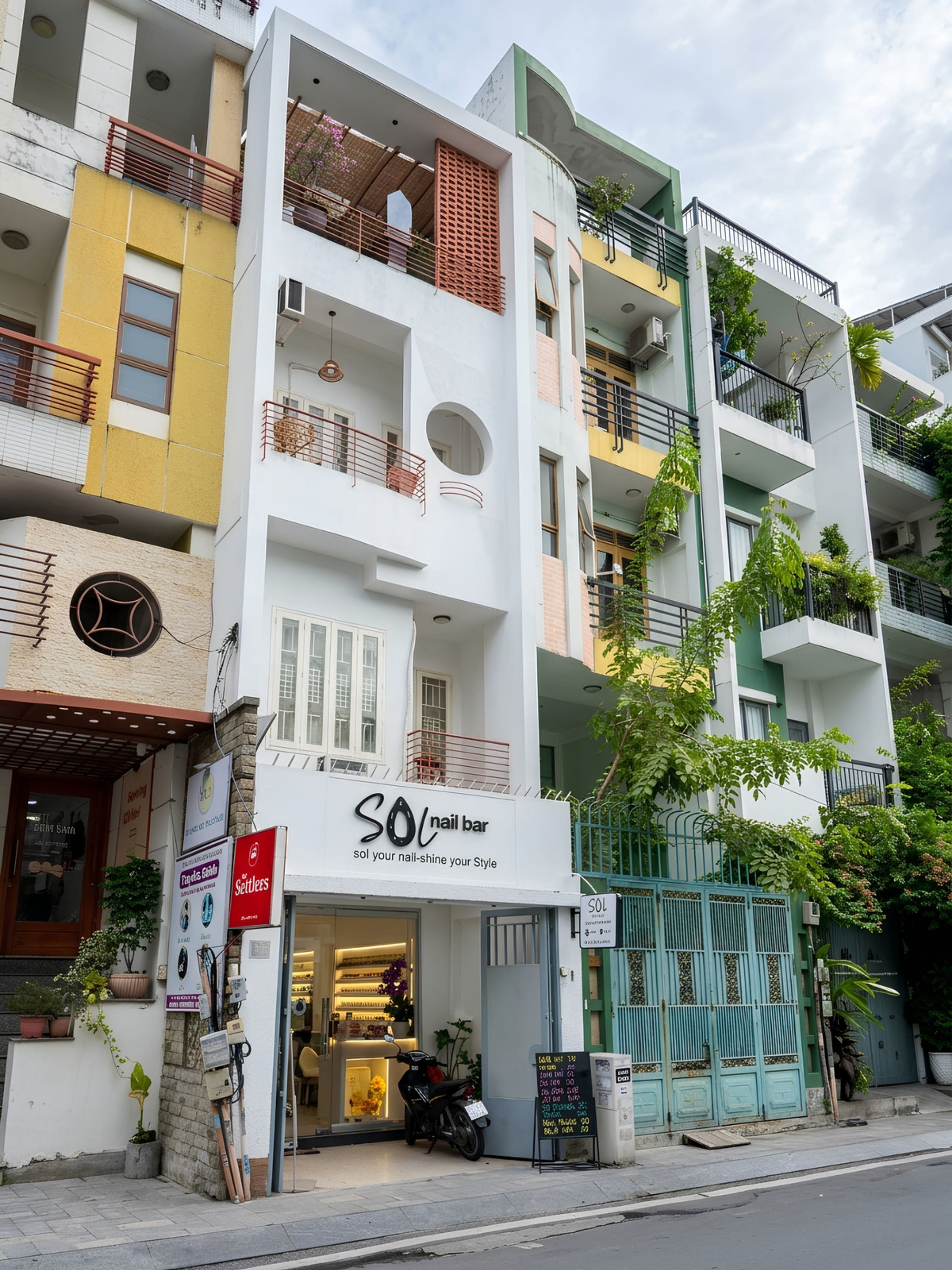 Un edificio de varios pisos con un salón llamado 'SOL nail bar' en la planta baja.