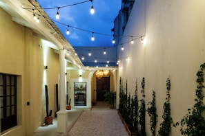 Un pasillo con luces colgantes, plantas en macetas y vistas a una habitación con una puerta al final.