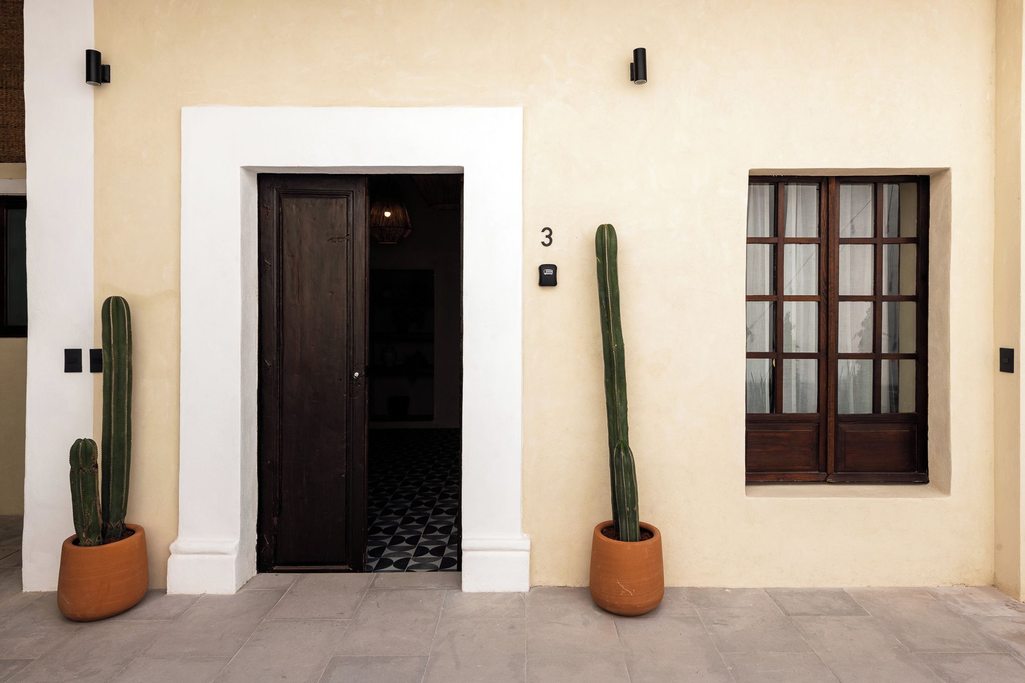A building entrance with a dark wooden door, a potted cactus on the left, and a window with a grid pattern on the right.