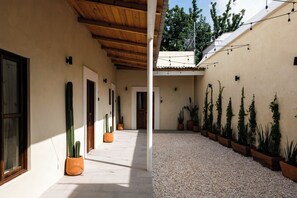A covered walkway with potted cacti and plants, leading to a building with a number '9' on the wall. - Hidalgo By Homirent (Santiago de Querétaro)
