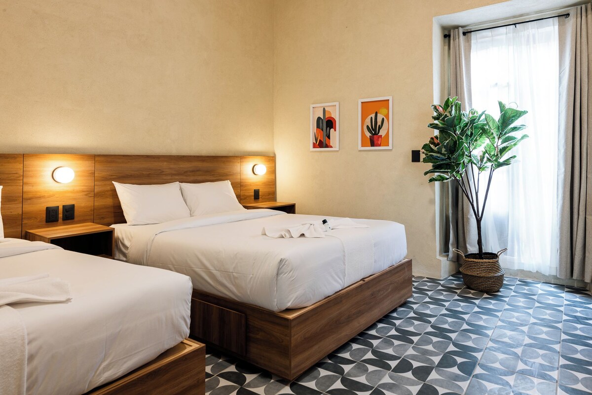 Habitación de hotel con dos camas, una planta grande en maceta y obras de arte en la pared.