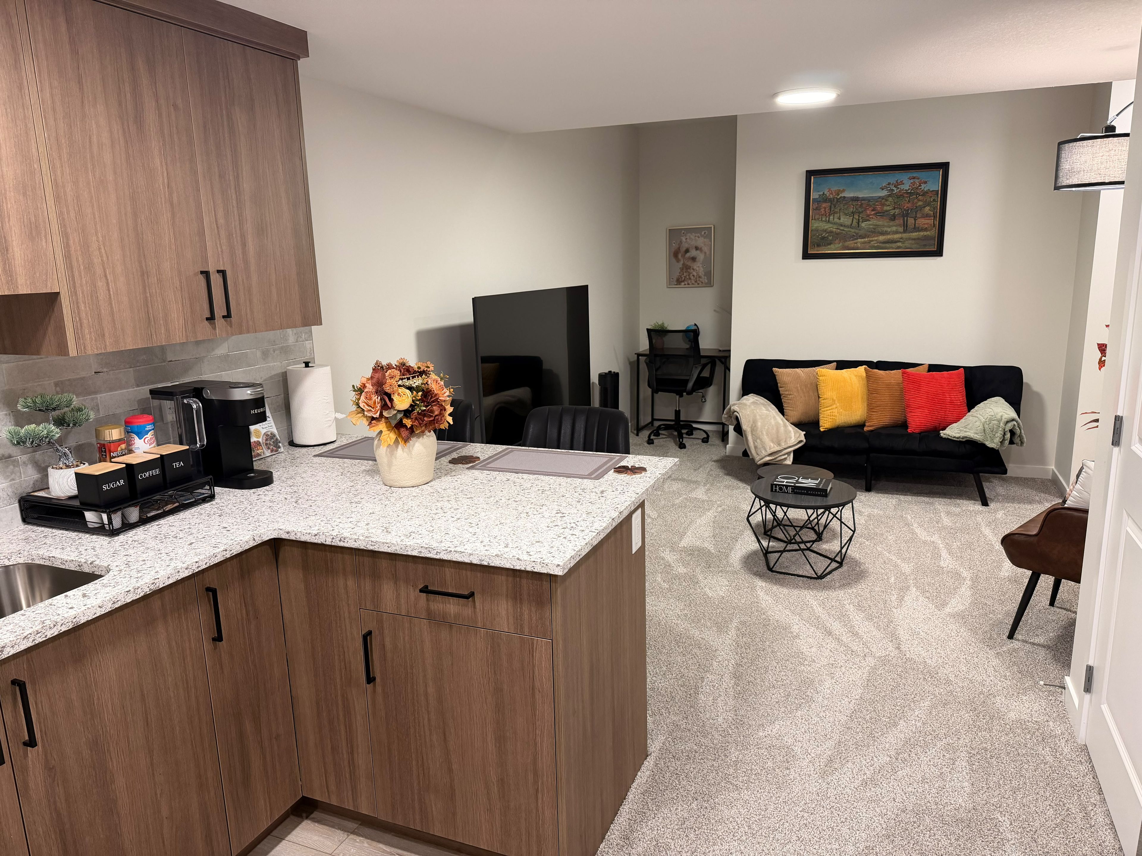 A modern kitchen with a coffee maker, sugar, and tea containers, a small plant, and a vase with flowers.