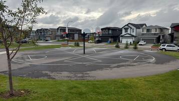 A residential area with houses, a basketball court, and a tree.