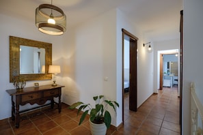 Un couloir avec une console en bois, une plante en pot, un miroir et un luminaire suspendu.