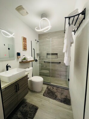 A modern bathroom with a glass-enclosed shower, a vanity with a sink, and a toilet. - Cozy apartment with AC close to good food, supermarket and local attractions (Kingston)