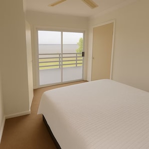A bedroom with a large bed, a sliding glass door leading to a balcony, and a door to the right. - Lake & Sky Metung – Best Views, Walk to Beach, Hot Springs & Town (Metung)