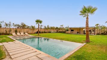 A rectangular swimming pool with a clear blue water surface, surrounded by a well-maintained lawn and palm trees.