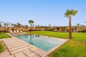 Una piscina rectangular amb una superfície d'aigua blava i transparent, envoltada d'un jardí ben cuidat i palmeres.