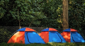 Three tents with a chain-link fence in the background. - Dandeli Serene River Resort (Dandeli)