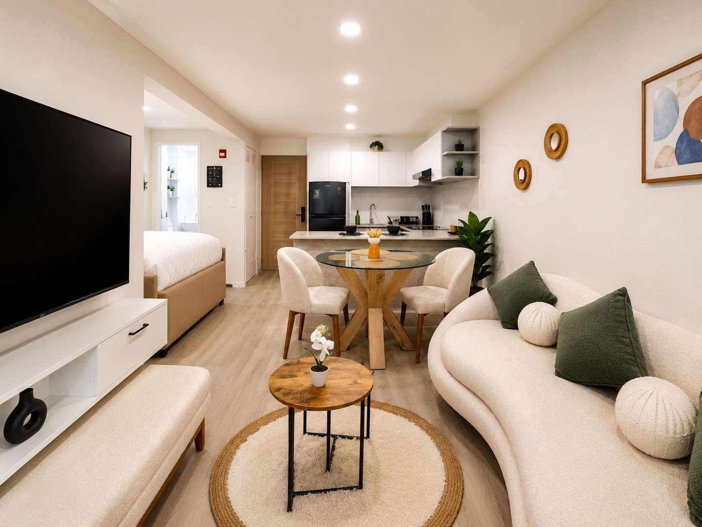 Una sala de estar moderna con un televisor de pantalla plana, un sofá, una mesa de centro y un comedor con sillas.