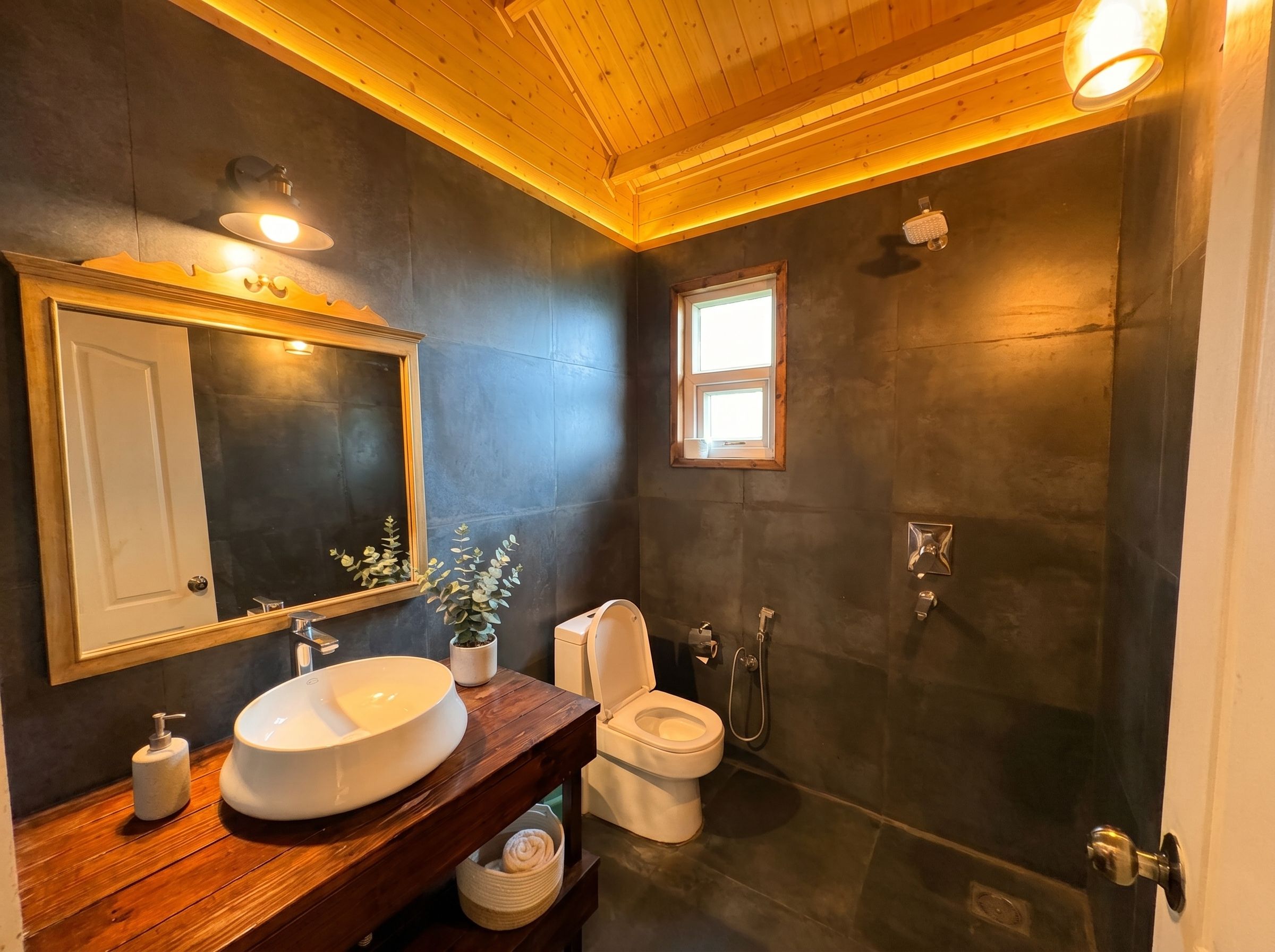 A bathroom with a wooden vanity, a large mirror, a toilet, a shower, and a small window.