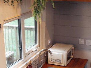 Eine Küche mit Fenster, Spüle, Mikrowelle und einem Blumentopf.