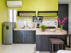 A compact kitchen with a built-in microwave, a sink, and a coffee maker. - Minibus to Cenotes and Tulum 10 Min Walk, 2 Beds Sleep 4, Kitchen, AC, WiFi (Playa del Carmen)