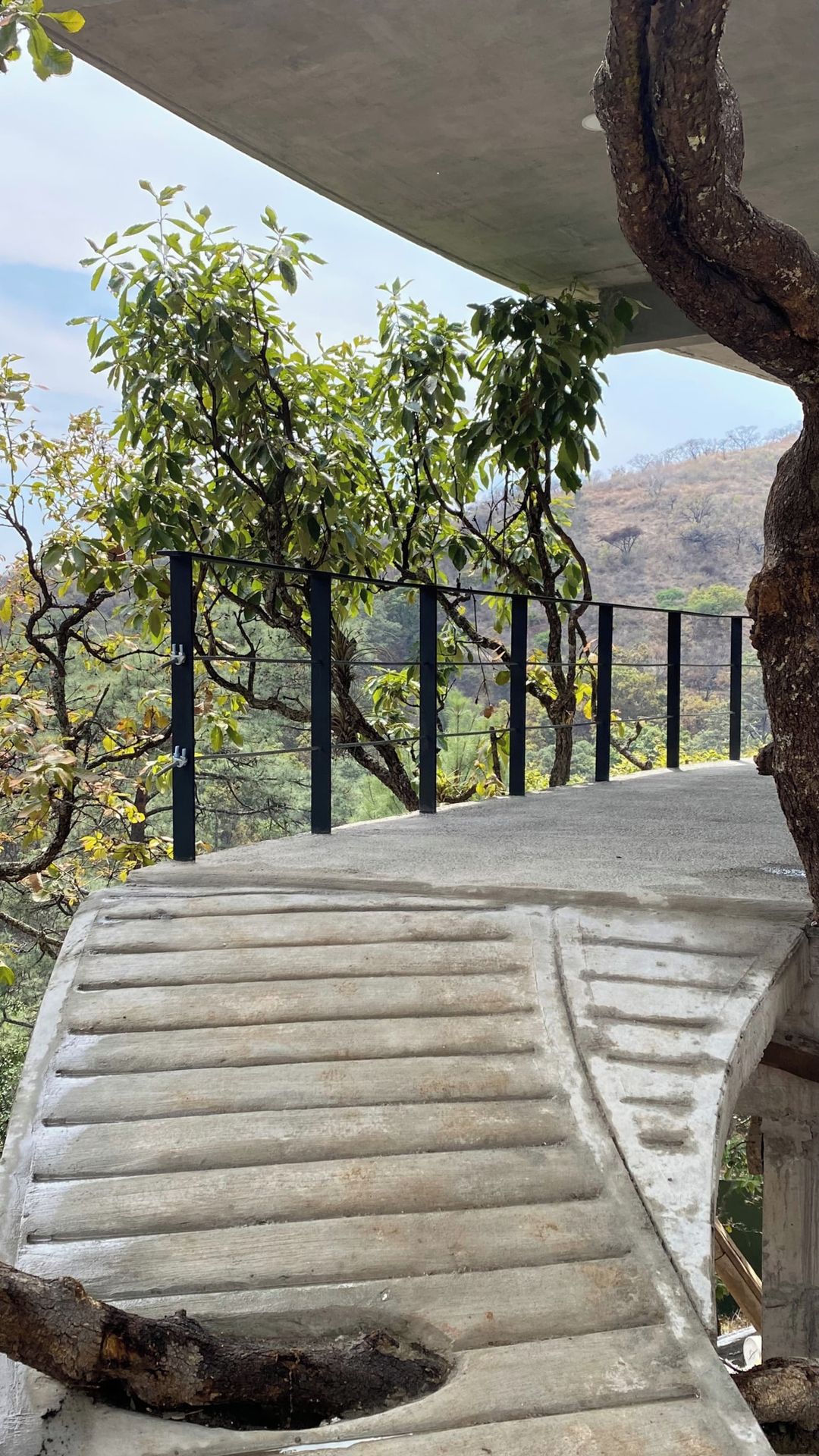Un banco de hormigón con barandilla metálica, rodeado de árboles y vistas a un paisaje montañoso.